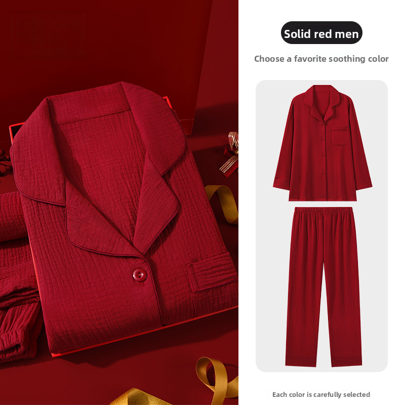 Red Set Pajamas Men and Women Skin Friendly Soft Combed Cotton Home Clothes