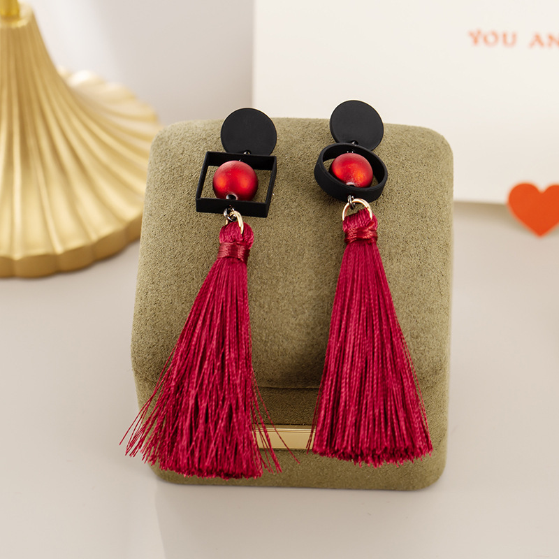 Burgundy Rope Tassel Long Earrings