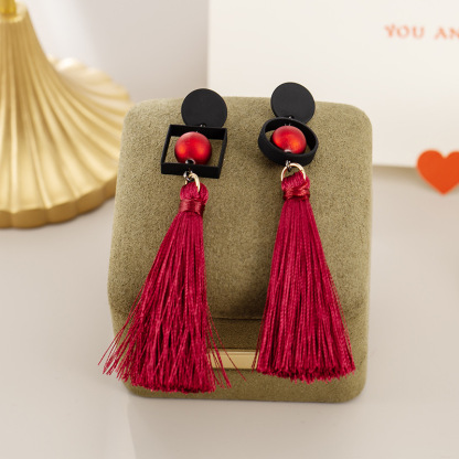 Burgundy Rope Tassel Long Earrings