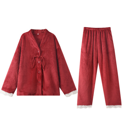 Couple's Winter Red Coral Fleece Pajamas, Thickened and Lined