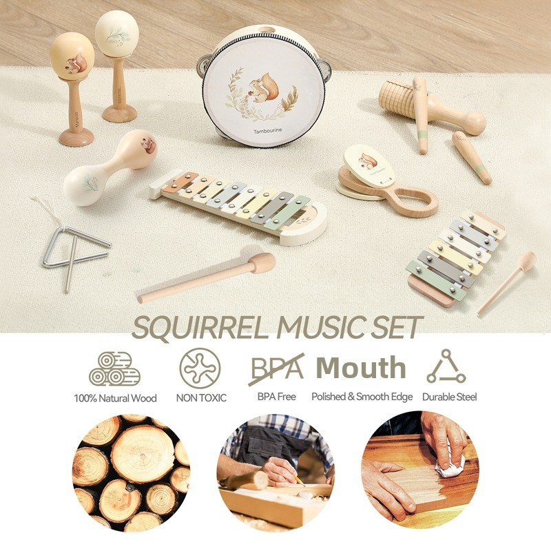 Wooden Orff Instrument Set: Baby Early Education Soothing敲琴 (xylophone), 敲鼓 (drum), 沙锤 (maracas), 摇铃 (hand bells) Musical Toys