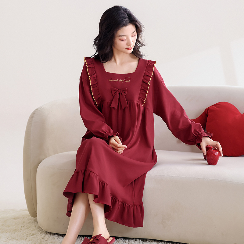 Red Nightdress for Women Long Sleeve Pure Cotton Zodiac Year