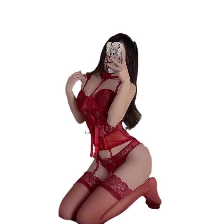 Sexy Lingerie Red Push-Up Corset Ribbed Vest Underwire Bra Pads Two-Piece No-Removal Set