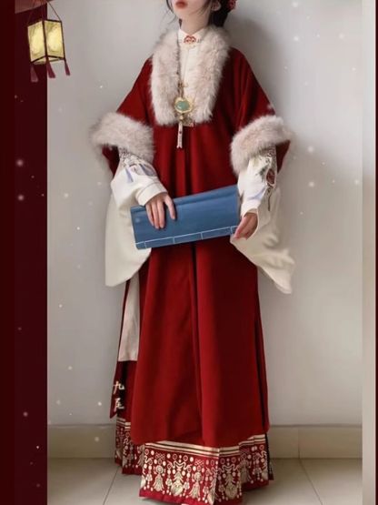New Year Red Hanfu Celebration Outfit Double-Breasted Long Shirt with Horse Face Skirt