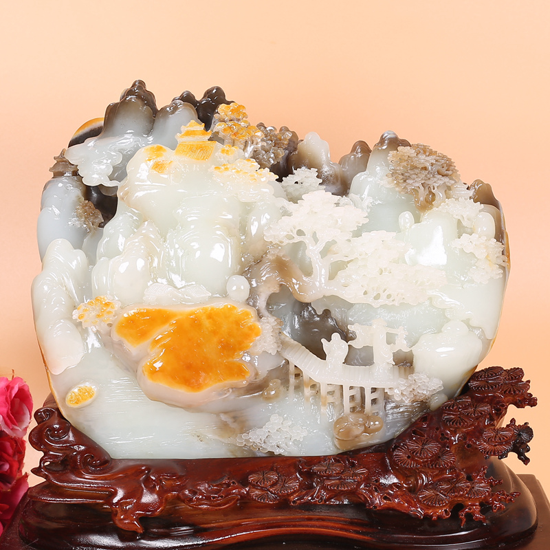 Hetian Jade Rare Three-Color Suet Jade Landscape Ornament