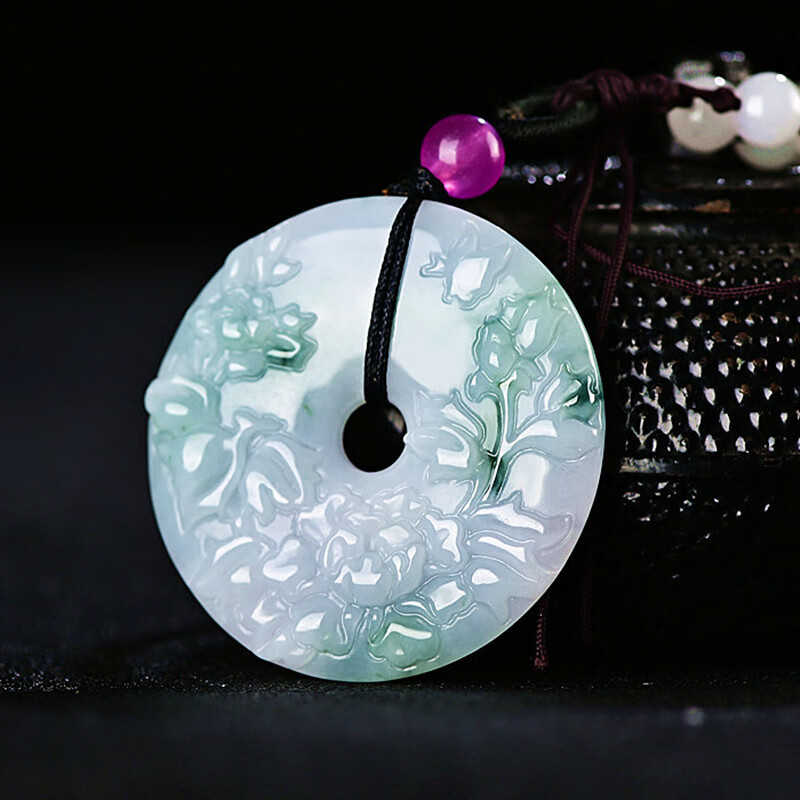 High-end jadeite "Flowers Blossom, Fortune Arrives, Peace" safety buckle large pendant