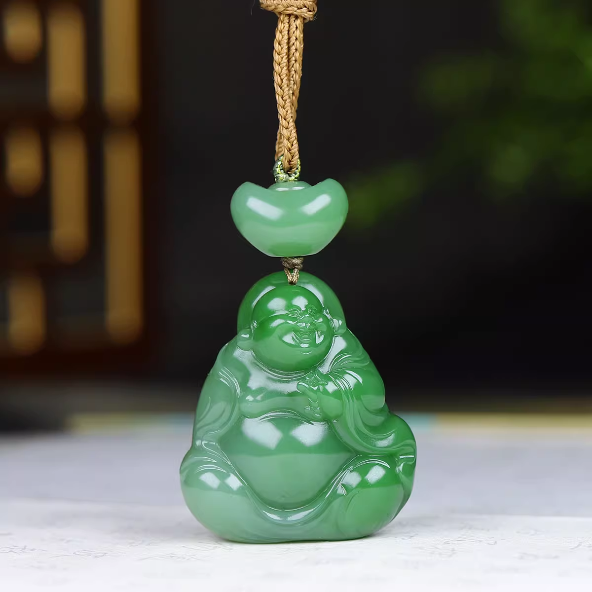 Jinyao Hetian Jade Pinkish-Green Jasper Maitreya Buddha Pendant, 31g