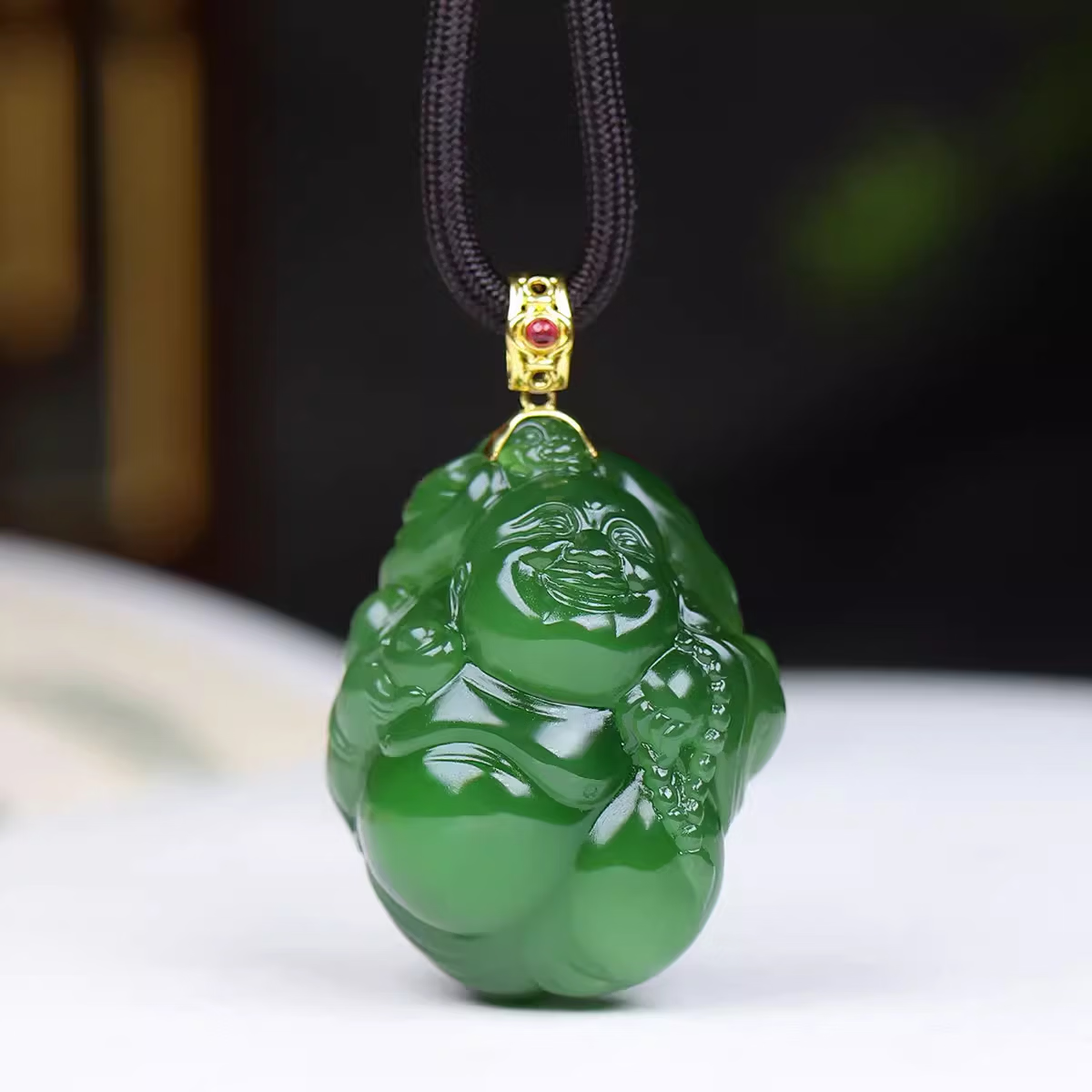 Jinyao Hetian Jade Spinach Green Jasper Maitreya Buddha Pendant 19g