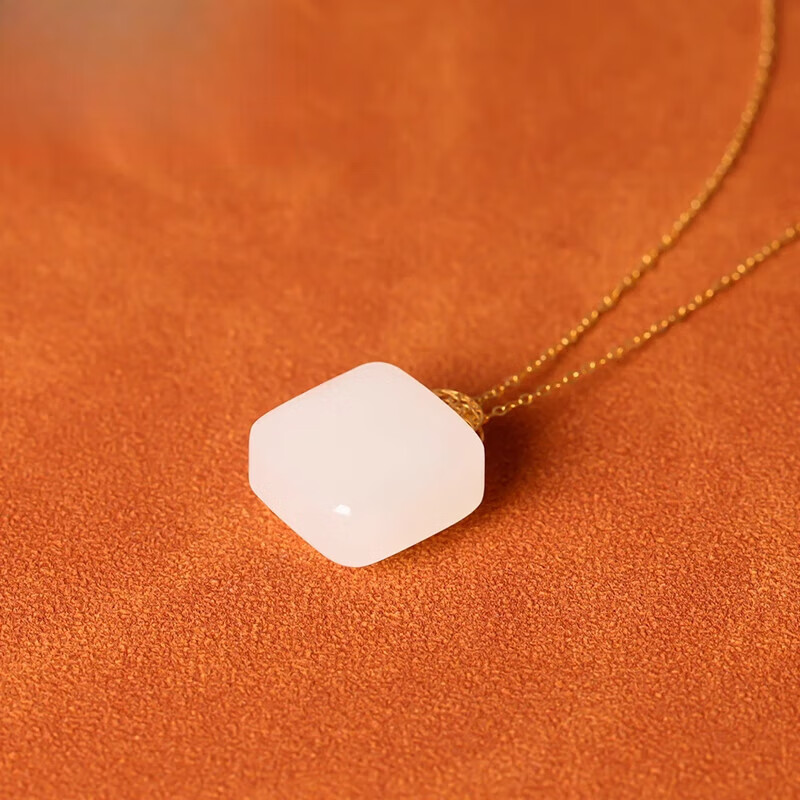 Tianyu Wushi Pai Pendant: Square Candy 18K Gold Inlaid Suet White Jade Necklace