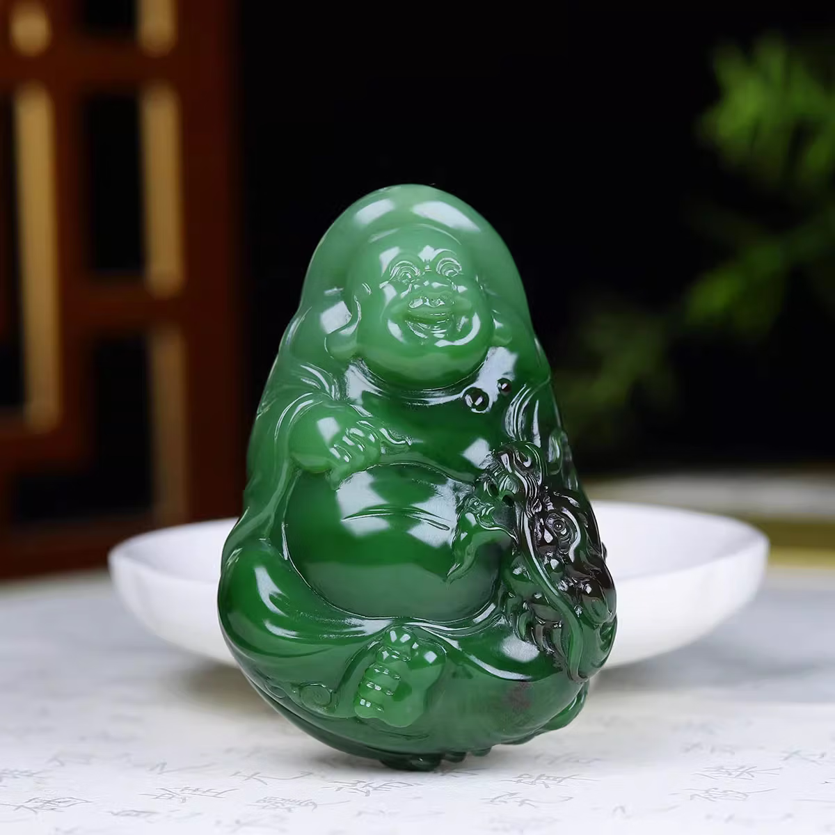 Jinyao Hetian Jade Spinach Green Jasper Maitreya Buddha Pendant 92g