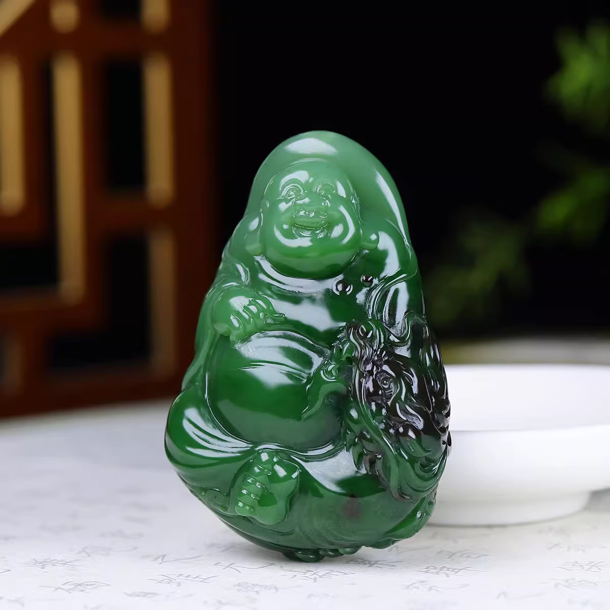 Jinyao Hetian Jade Spinach Green Jasper Maitreya Buddha Pendant 92g