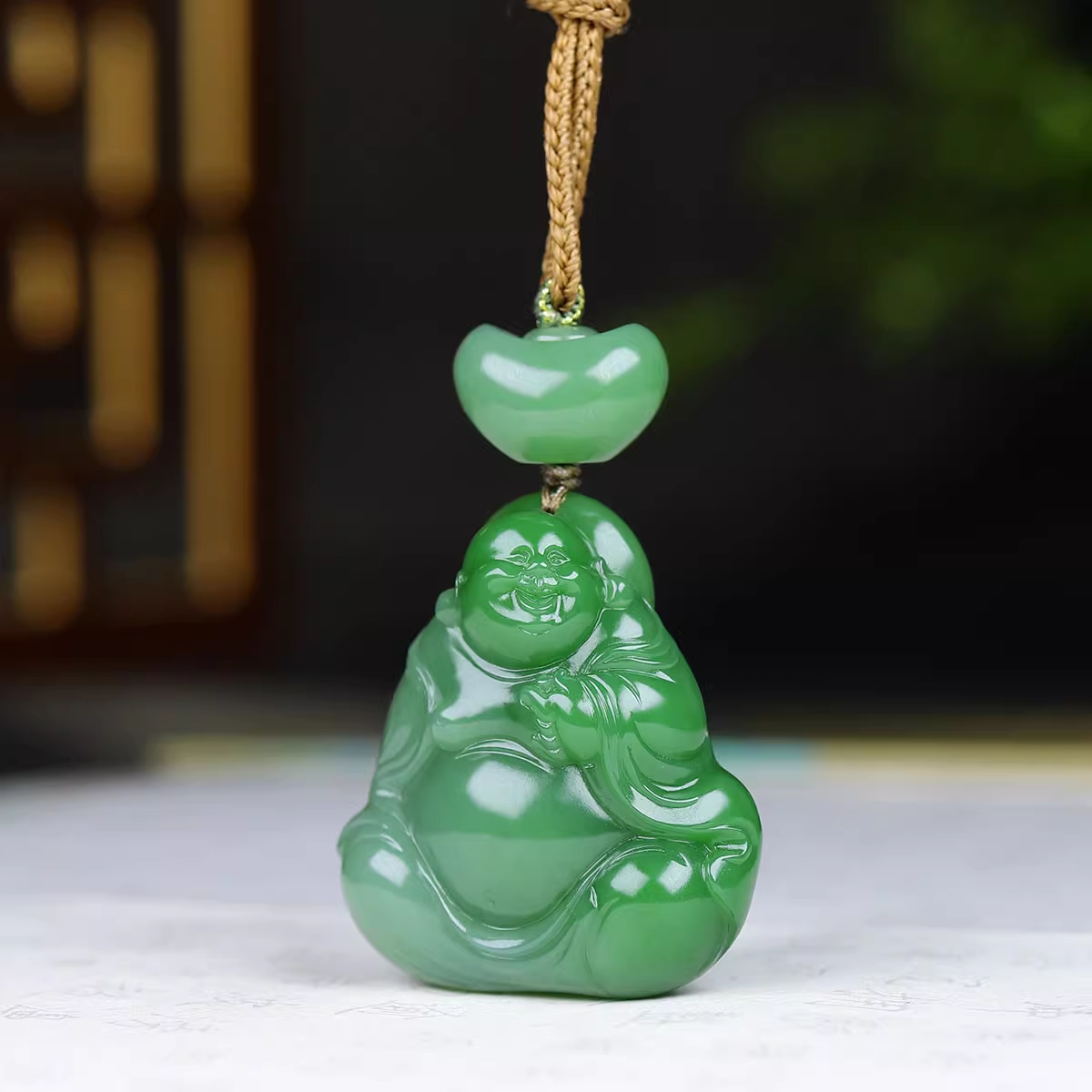 Jinyao Hetian Jade Pinkish-Green Jasper Maitreya Buddha Pendant, 31g