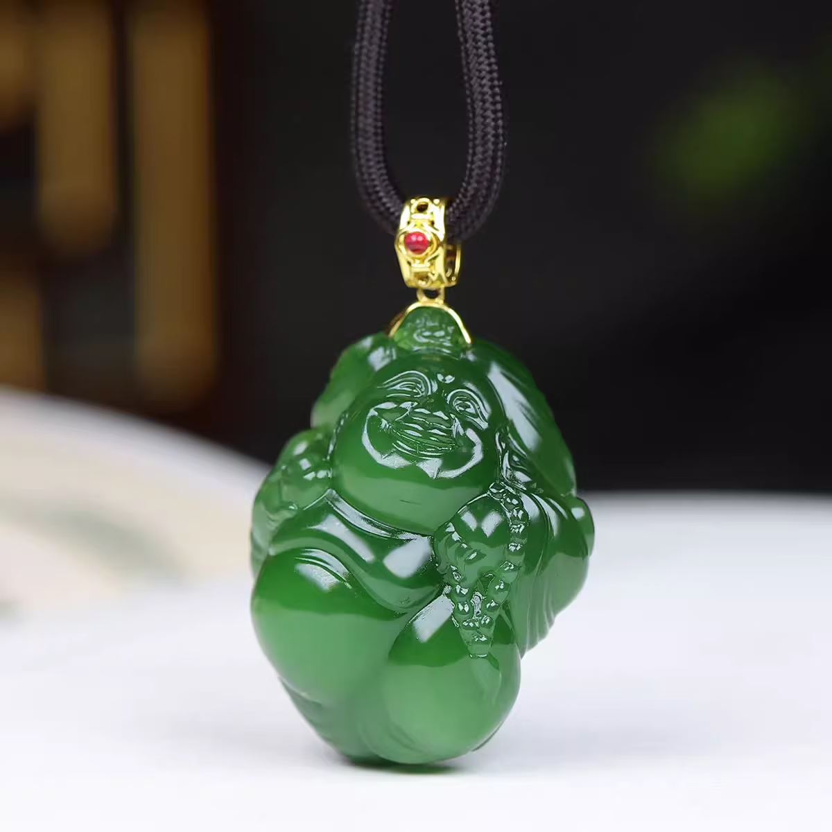 Jinyao Hetian Jade Spinach Green Jasper Maitreya Buddha Pendant 19g