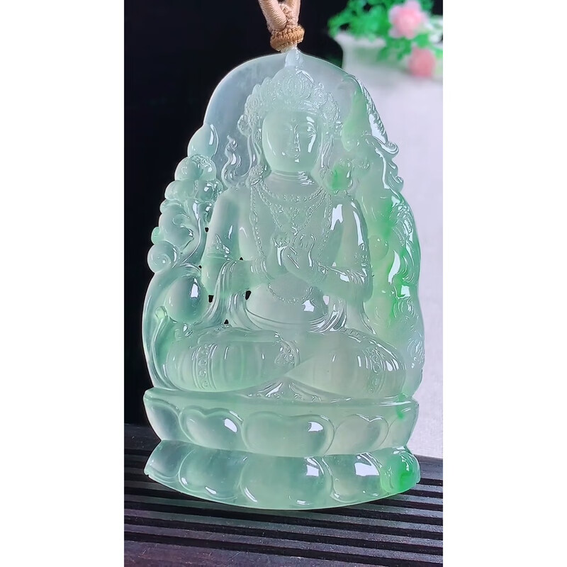 Natural jadeite emerald - Old pit glass-type floating green Guanyin pendant