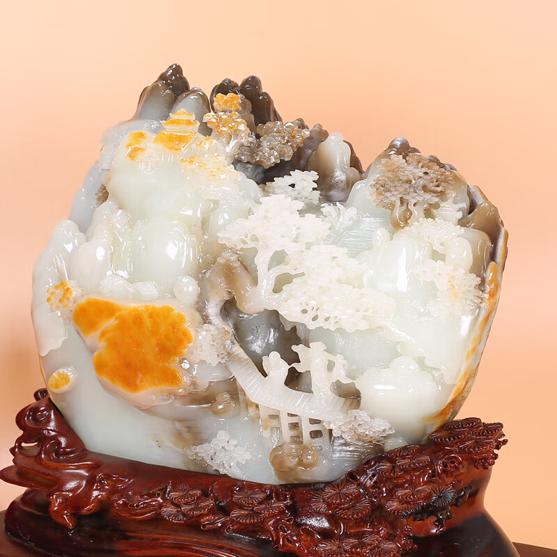 Hetian Jade Rare Three-Color Suet Jade Landscape Ornament