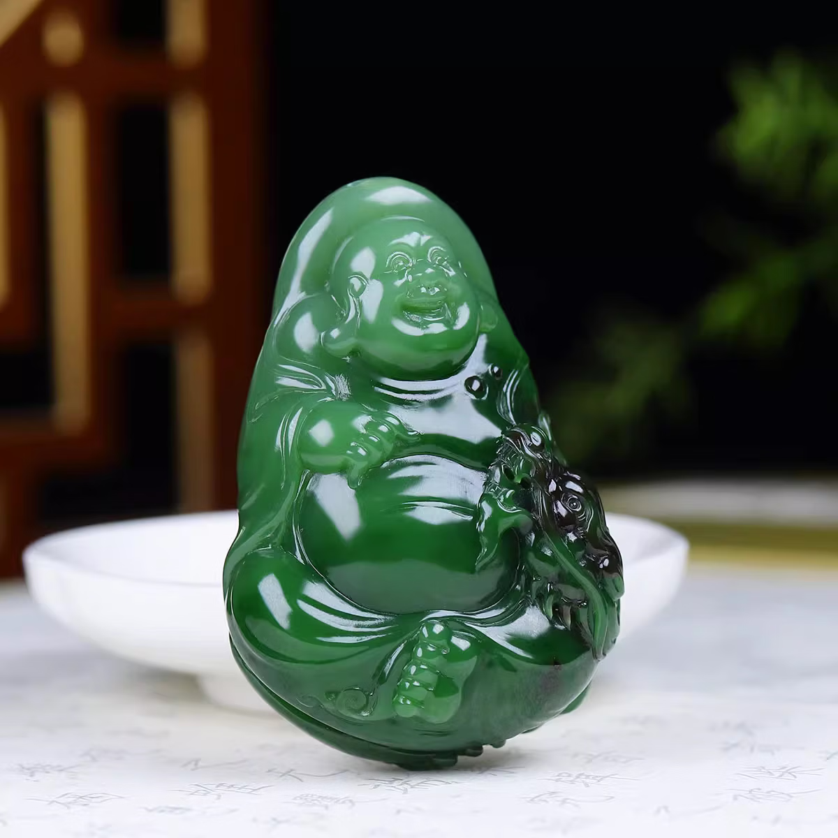 Jinyao Hetian Jade Spinach Green Jasper Maitreya Buddha Pendant 92g