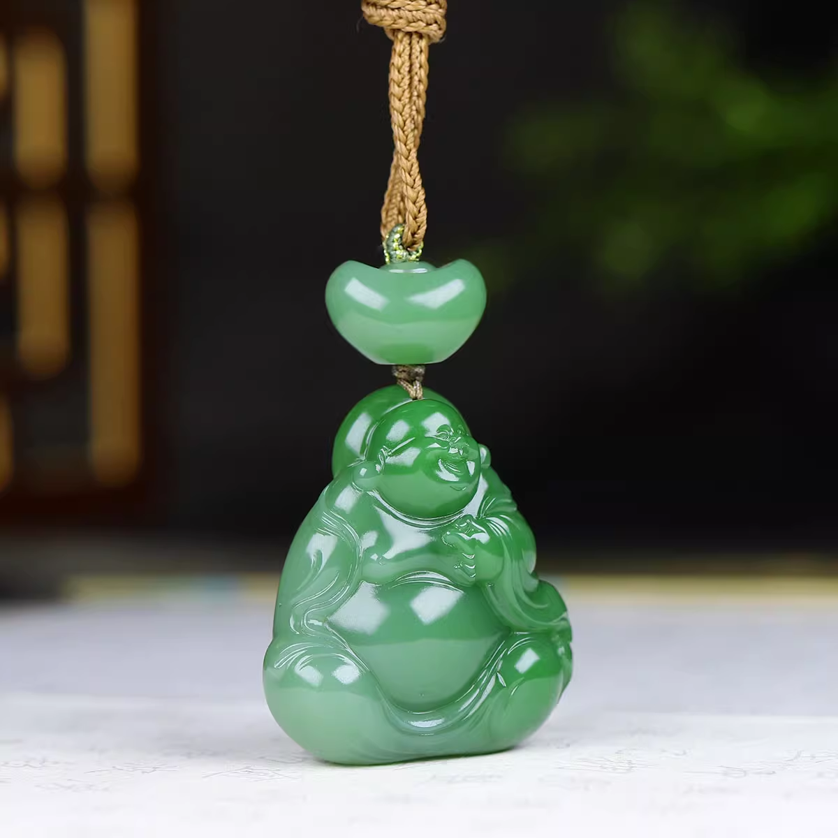Jinyao Hetian Jade Pinkish-Green Jasper Maitreya Buddha Pendant, 31g