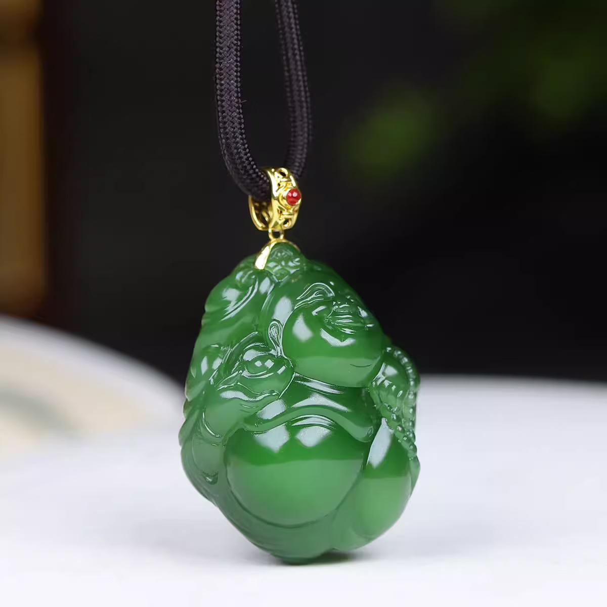 Jinyao Hetian Jade Spinach Green Jasper Maitreya Buddha Pendant 19g