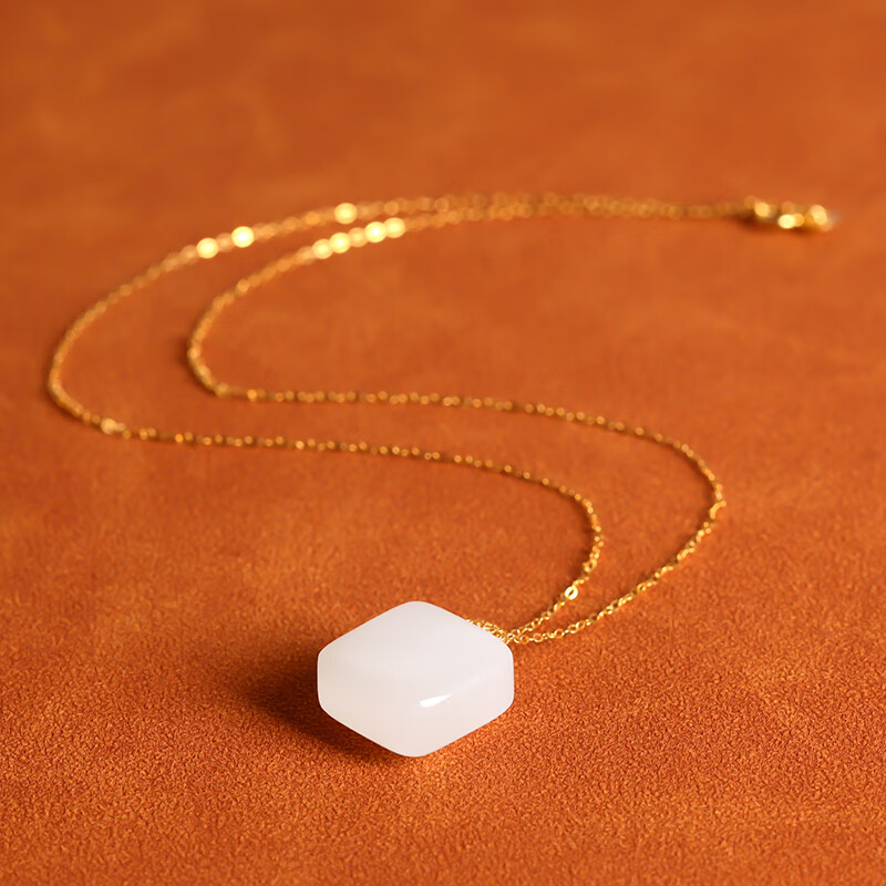 Tianyu Wushi Pai Pendant: Square Candy 18K Gold Inlaid Suet White Jade Necklace