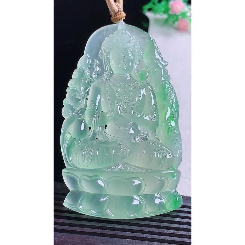 Natural jadeite emerald - Old pit glass-type floating green Guanyin pendant
