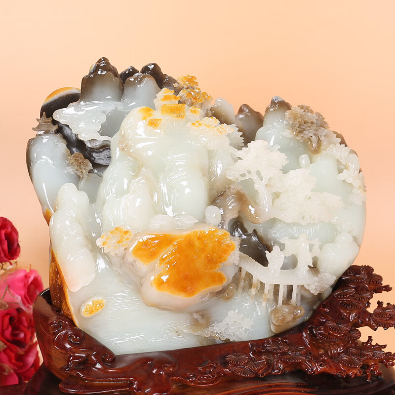 Hetian Jade Rare Three-Color Suet Jade Landscape Ornament