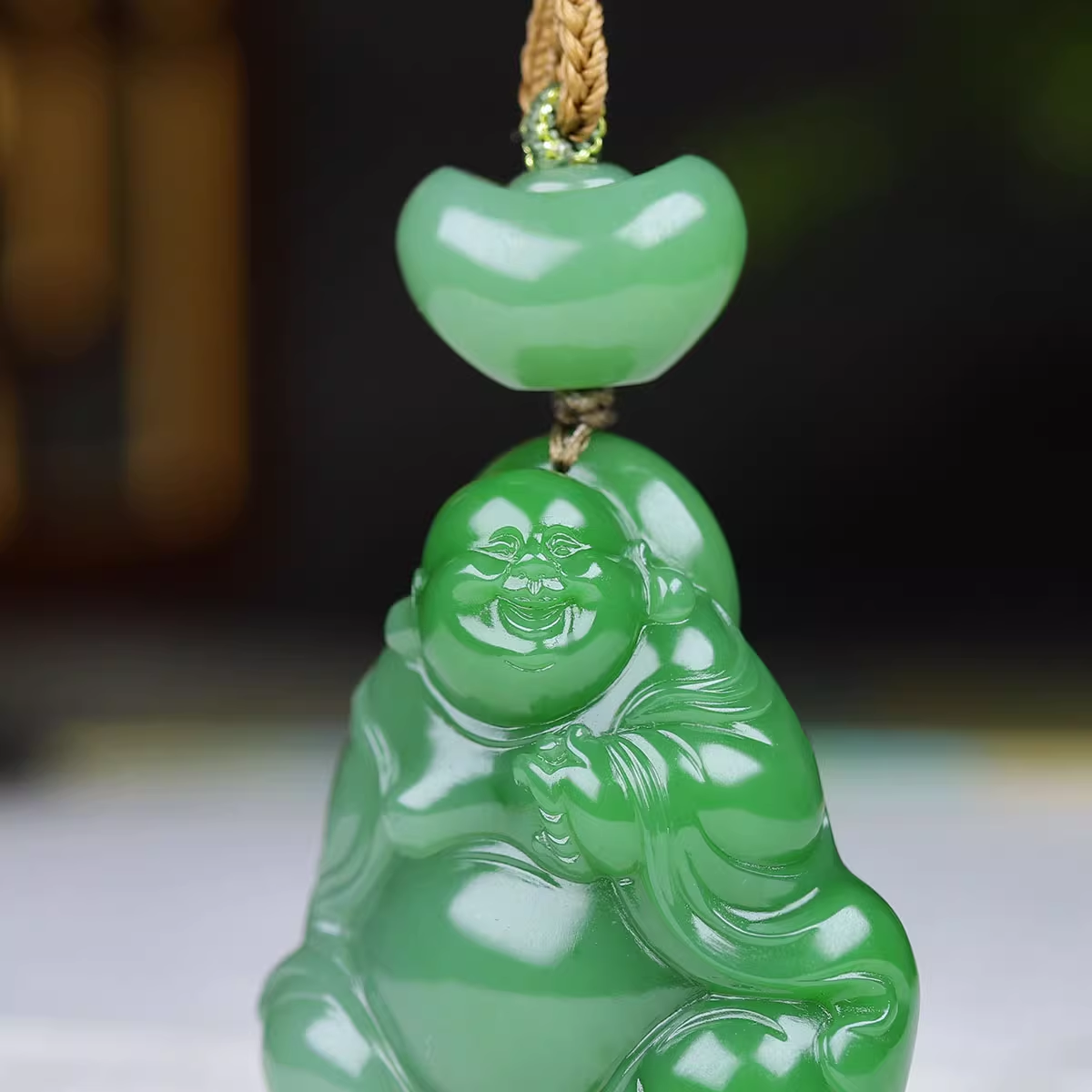 Jinyao Hetian Jade Pinkish-Green Jasper Maitreya Buddha Pendant, 31g