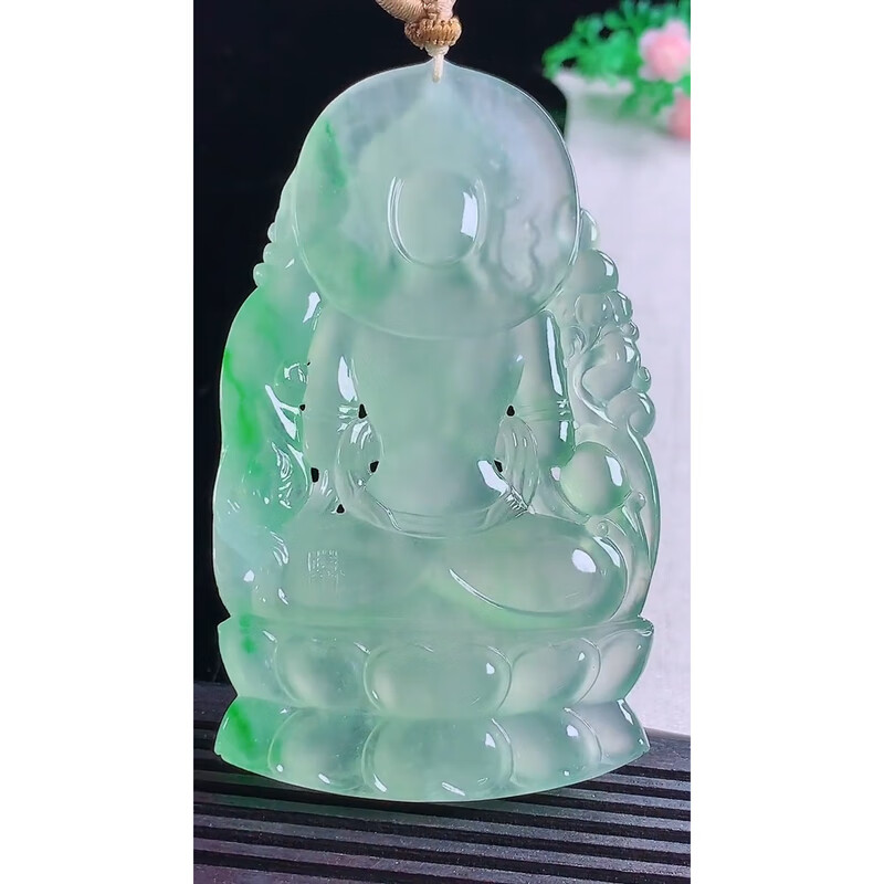Natural jadeite emerald - Old pit glass-type floating green Guanyin pendant
