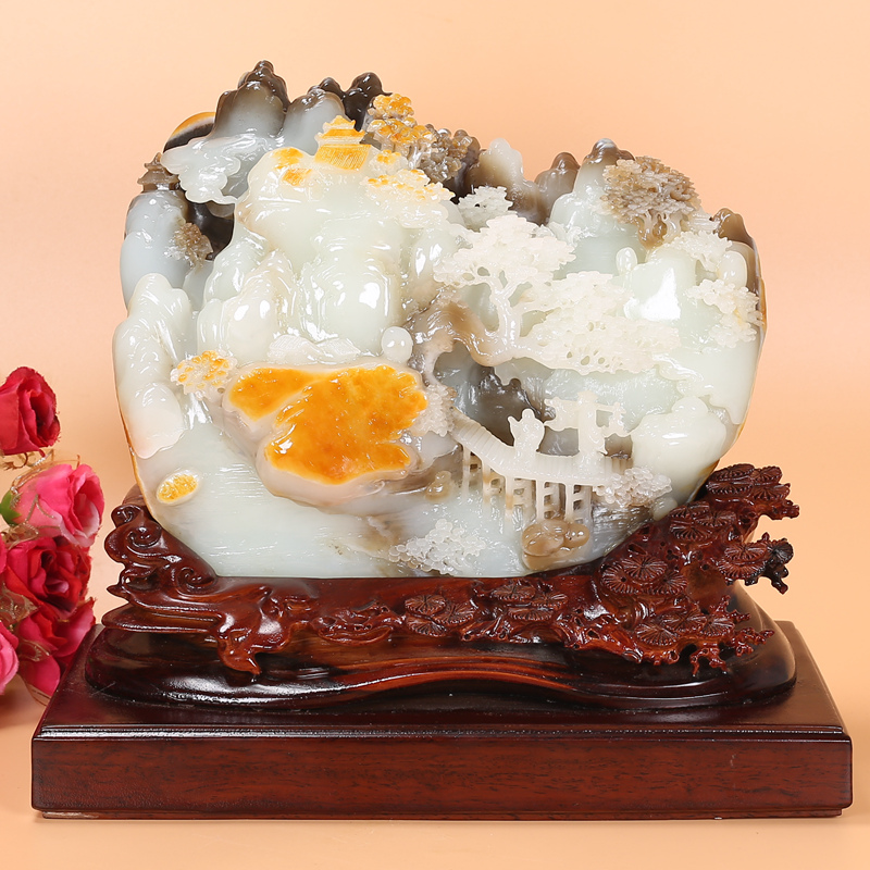 Hetian Jade Rare Three-Color Suet Jade Landscape Ornament