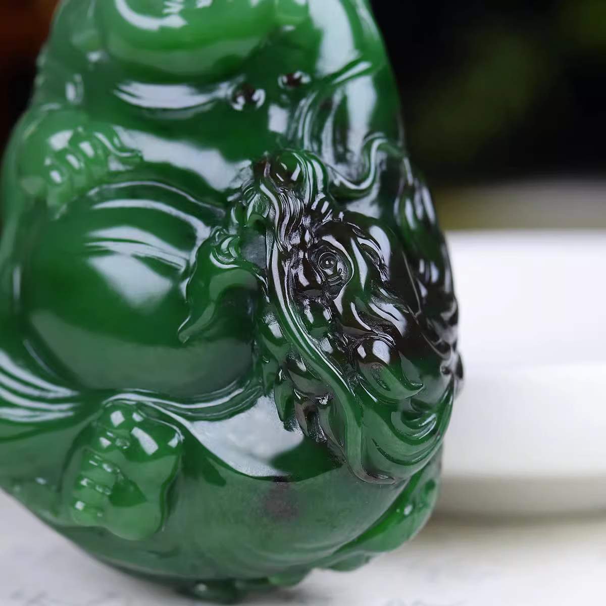 Jinyao Hetian Jade Spinach Green Jasper Maitreya Buddha Pendant 92g
