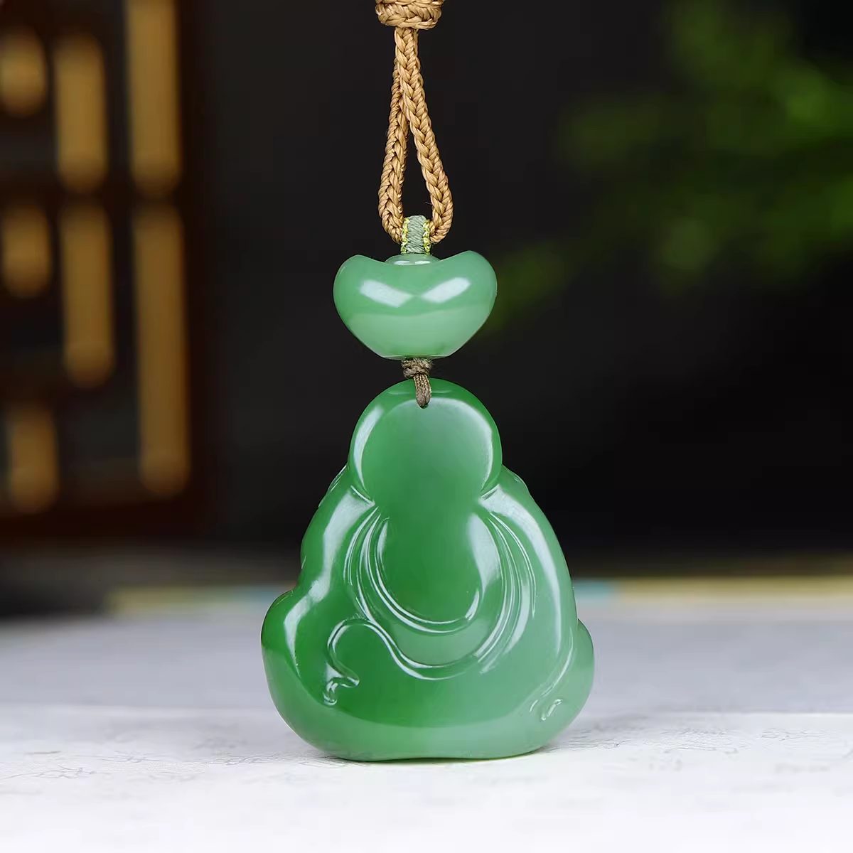 Jinyao Hetian Jade Pinkish-Green Jasper Maitreya Buddha Pendant, 31g