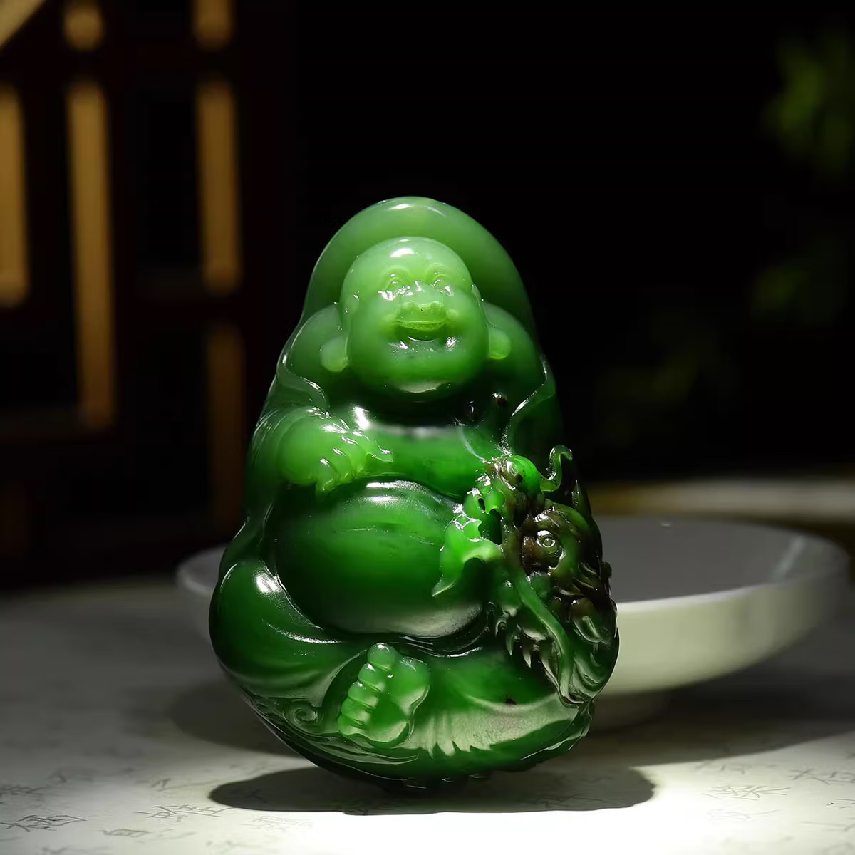 Jinyao Hetian Jade Spinach Green Jasper Maitreya Buddha Pendant 92g