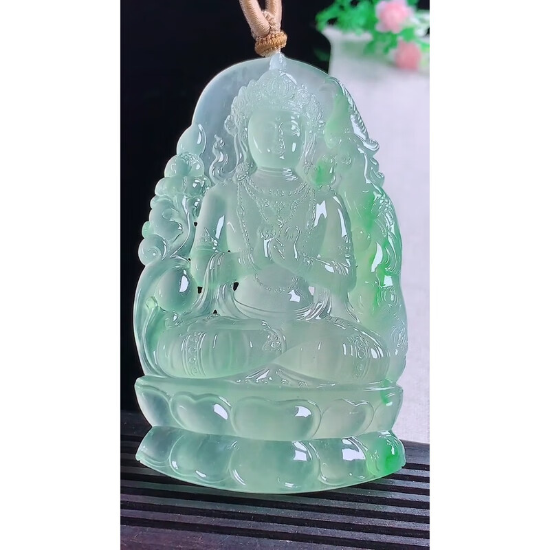 Natural jadeite emerald - Old pit glass-type floating green Guanyin pendant
