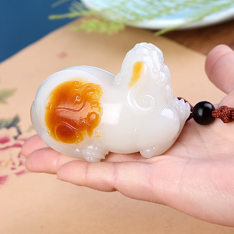 Unique Master Craftsmanship: Hetian Jade, Suet Jade, Pixiu Hand-Held Ornament