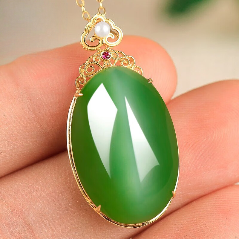 18k gold inlaid cabochon cat's eye jade pendant