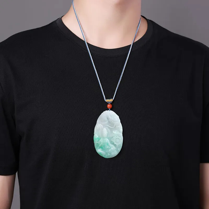 Jingxin Stone [One-of-a-Kind] Double-Sided Carved Floating Green Dragon-Controlling Guanyin Jade Pendant