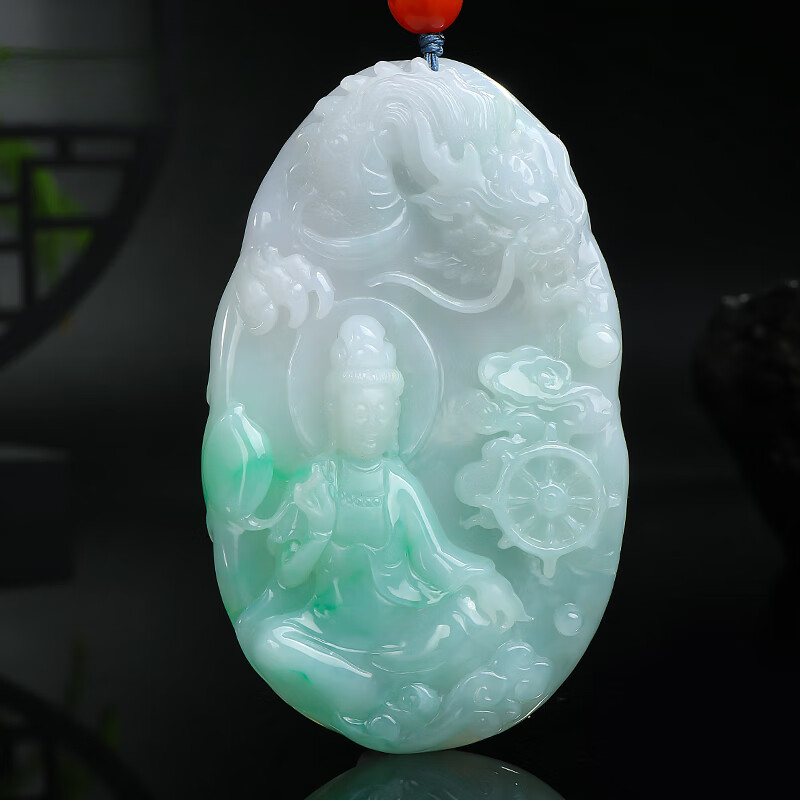Jingxin Stone [One-of-a-Kind] Double-Sided Carved Floating Green Dragon-Controlling Guanyin Jade Pendant