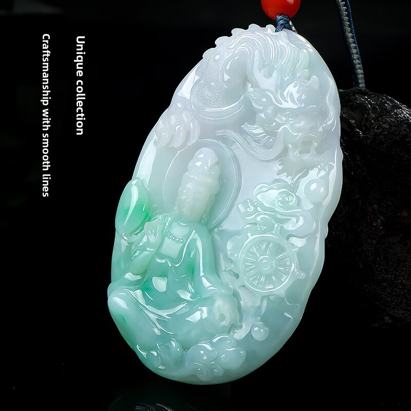 Jingxin Stone [One-of-a-Kind] Double-Sided Carved Floating Green Dragon-Controlling Guanyin Jade Pendant
