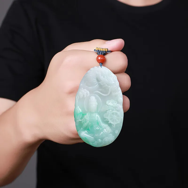 Jingxin Stone [One-of-a-Kind] Double-Sided Carved Floating Green Dragon-Controlling Guanyin Jade Pendant