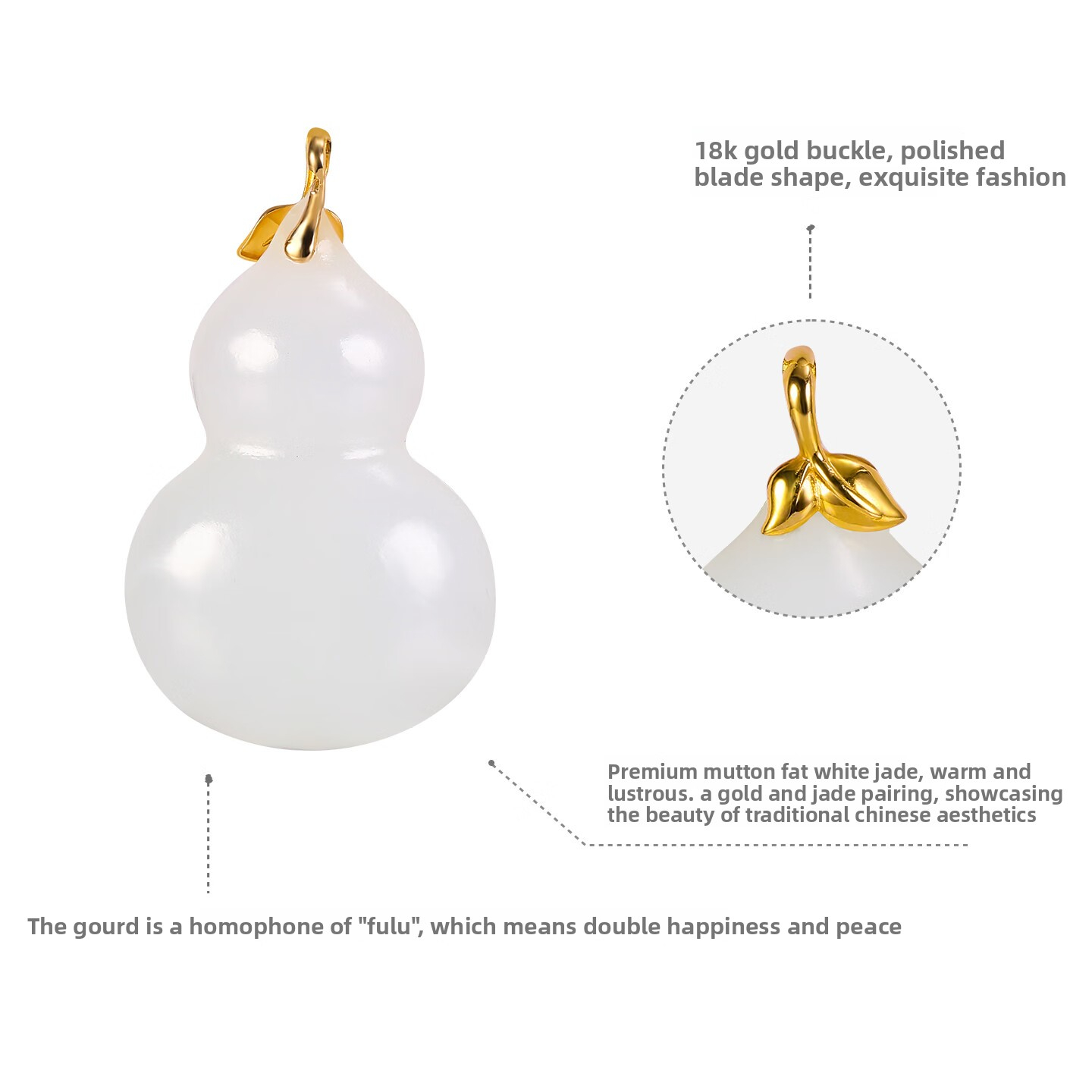 Hehe Jade Hetian Jade Suet White Jade 18k Gold Inlaid Jade Gourd Pendant Fortune and Prosperity Pendant Jade Necklace