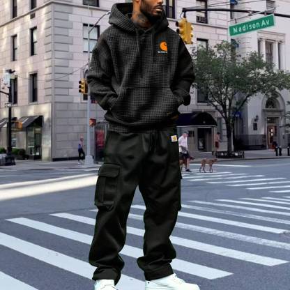 Men's Vintage Embroidered Black Waffle Knit Pocket Long Sleeve Oversized Hoodie And Sweatpants Jogger Set