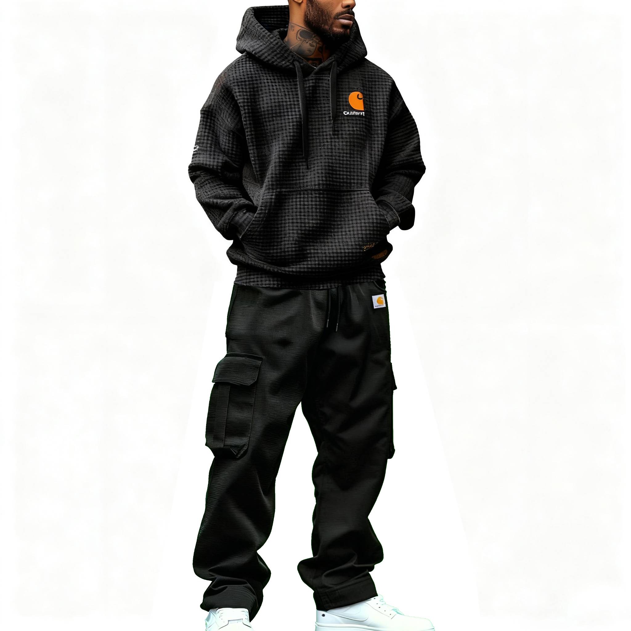 Men's Vintage Embroidered Black Waffle Knit Pocket Long Sleeve Oversized Hoodie And Sweatpants Jogger Set