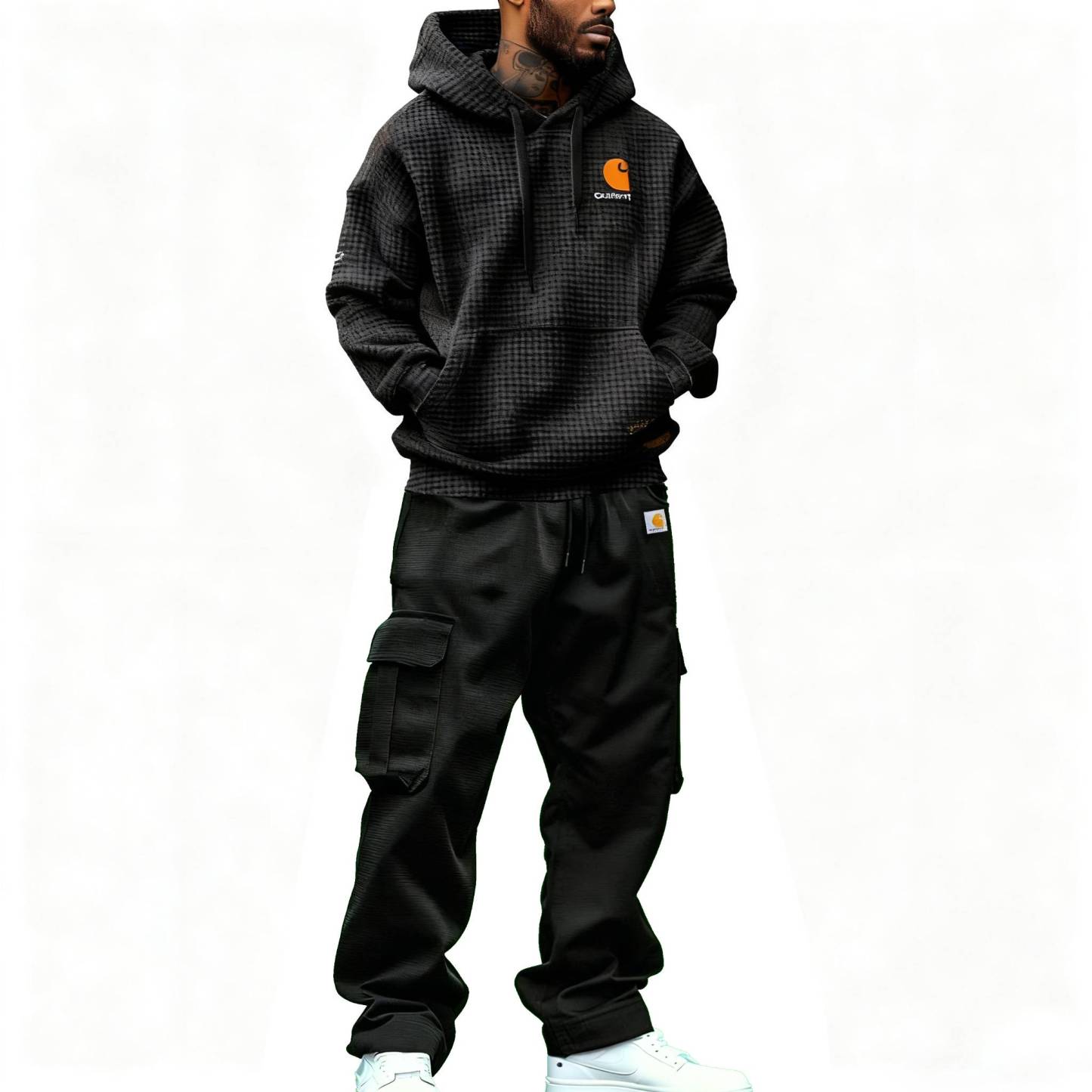 Men's Vintage Embroidered Black Waffle Knit Pocket Long Sleeve Oversized Hoodie And Sweatpants Jogger Set