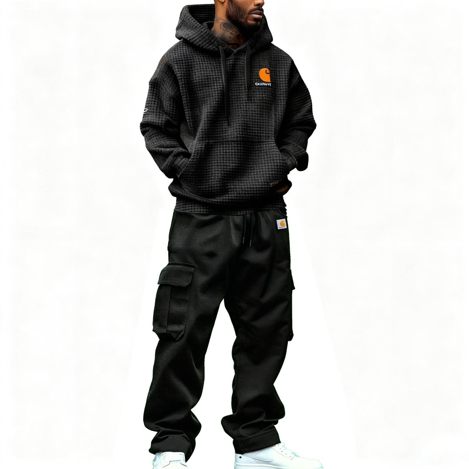 Men's Vintage Embroidered Black Waffle Knit Pocket Long Sleeve Oversized Hoodie And Sweatpants Jogger Set