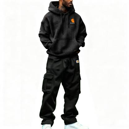 Men's Vintage Embroidered Black Waffle Knit Pocket Long Sleeve Oversized Hoodie And Sweatpants Jogger Set