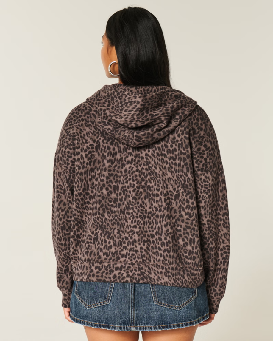 Oversized Leopard Print Zip-Up Hoodie