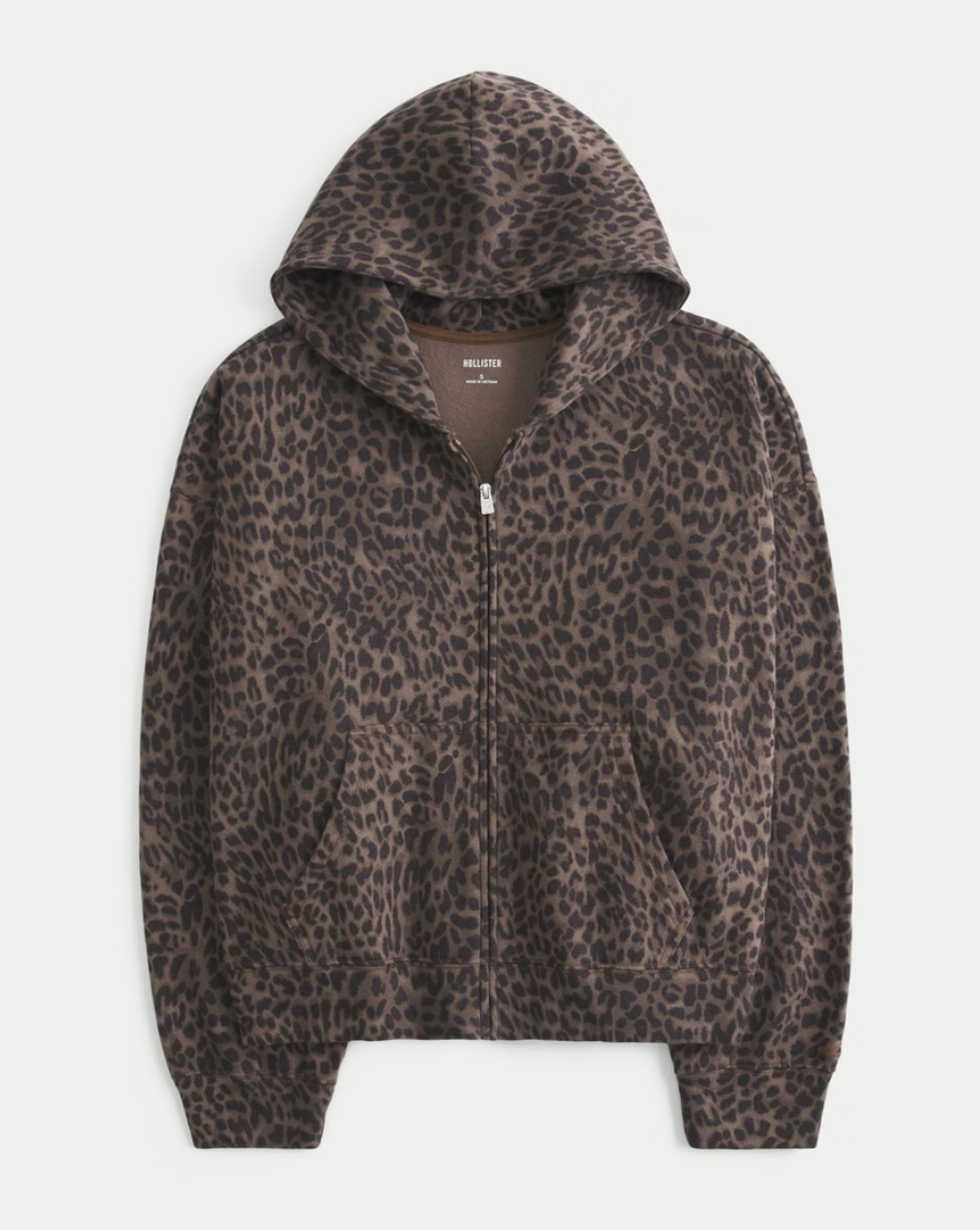 Oversized Leopard Print Zip-Up Hoodie