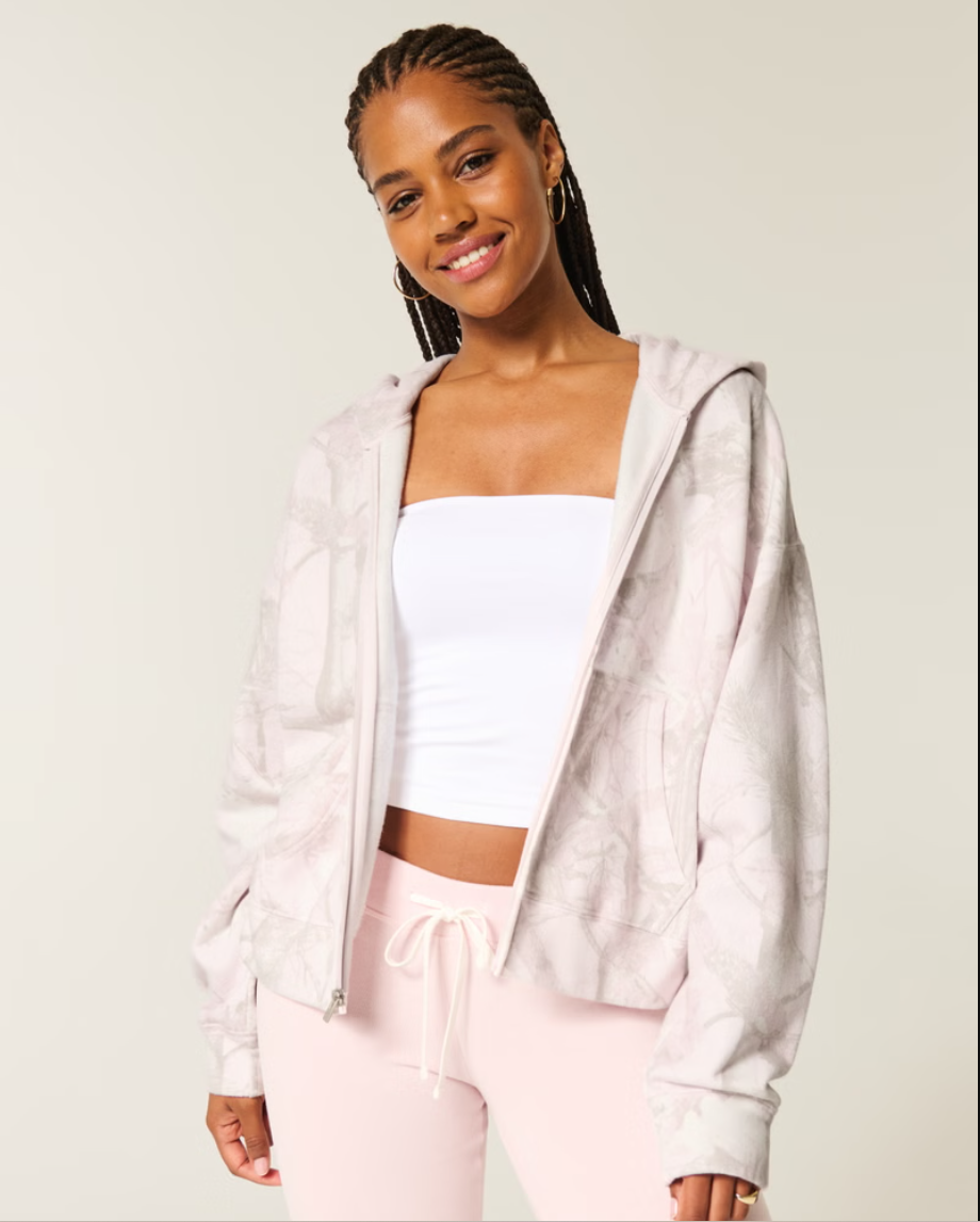 Oversized Pink Camo Zip-Up Hoodie