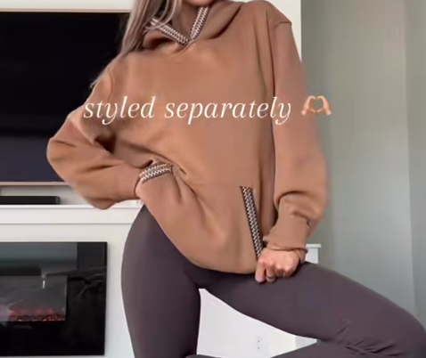 Braid Trim Kangaroo Pocket Hooded Sweatshirt and Elastic Waist Jogger Pants Set