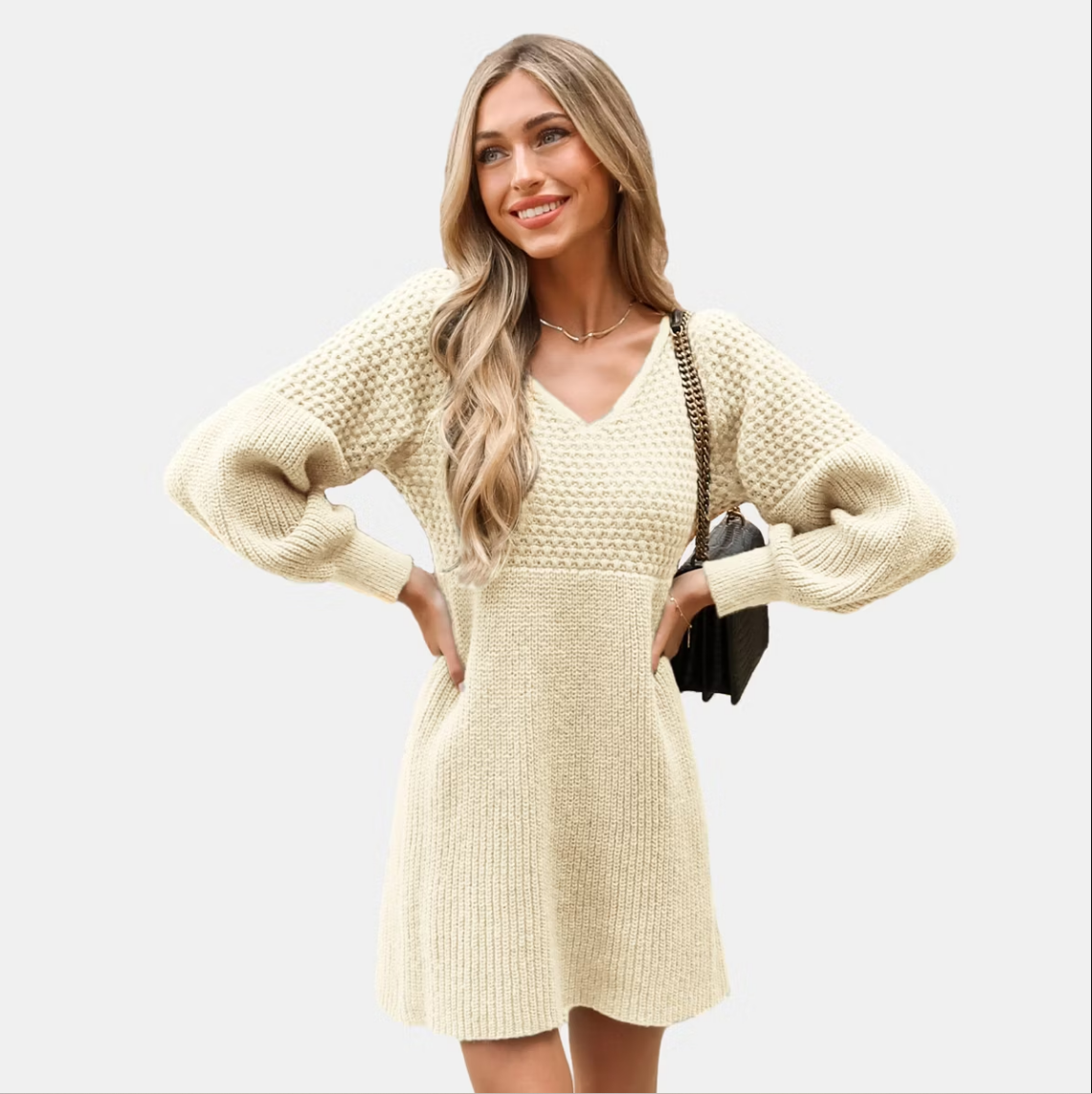 Women's Honeycomb Knit V-Neck Mini Sweater Dress