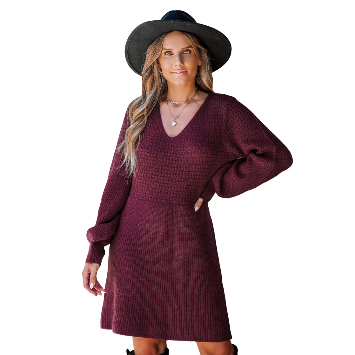 Women's Honeycomb Knit V-Neck Mini Sweater Dress